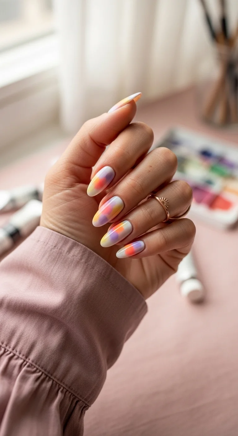 Almond nails with a white base and abstract watercolor-style blends of purple, orange, yellow, and pink.