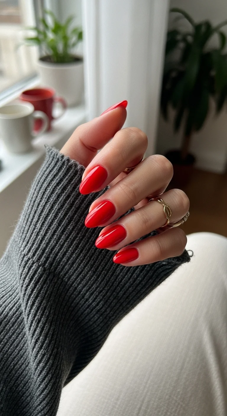 Medium almond nails in a glossy, bright cherry red with a glass-like finish.