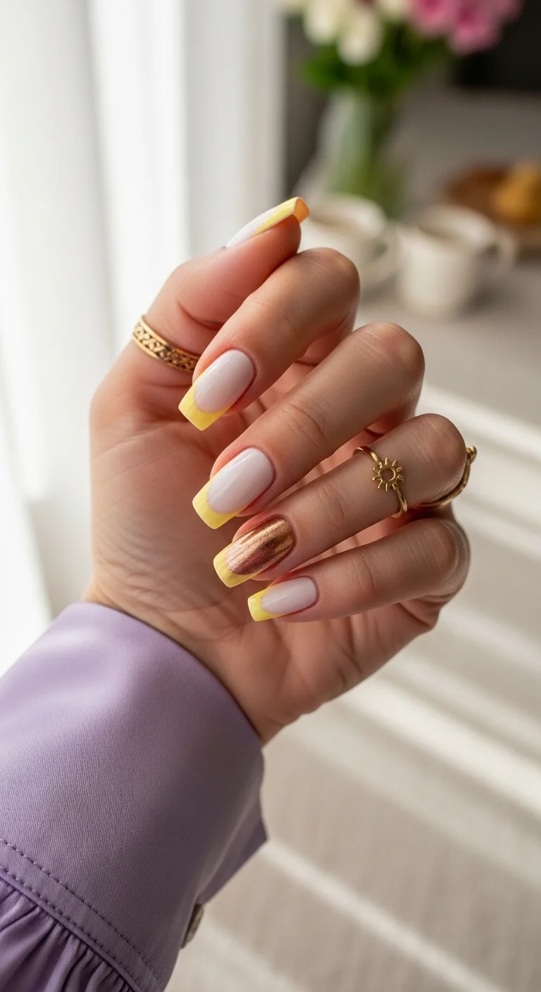Short squoval nails with milky white base, soft yellow French tips, and one rose gold metallic accent nail.