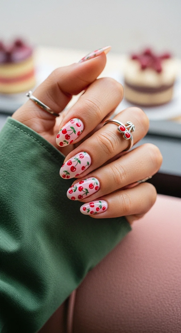 Almond nails with a soft pink base covered in tiny hand-painted red cherries with green stems.