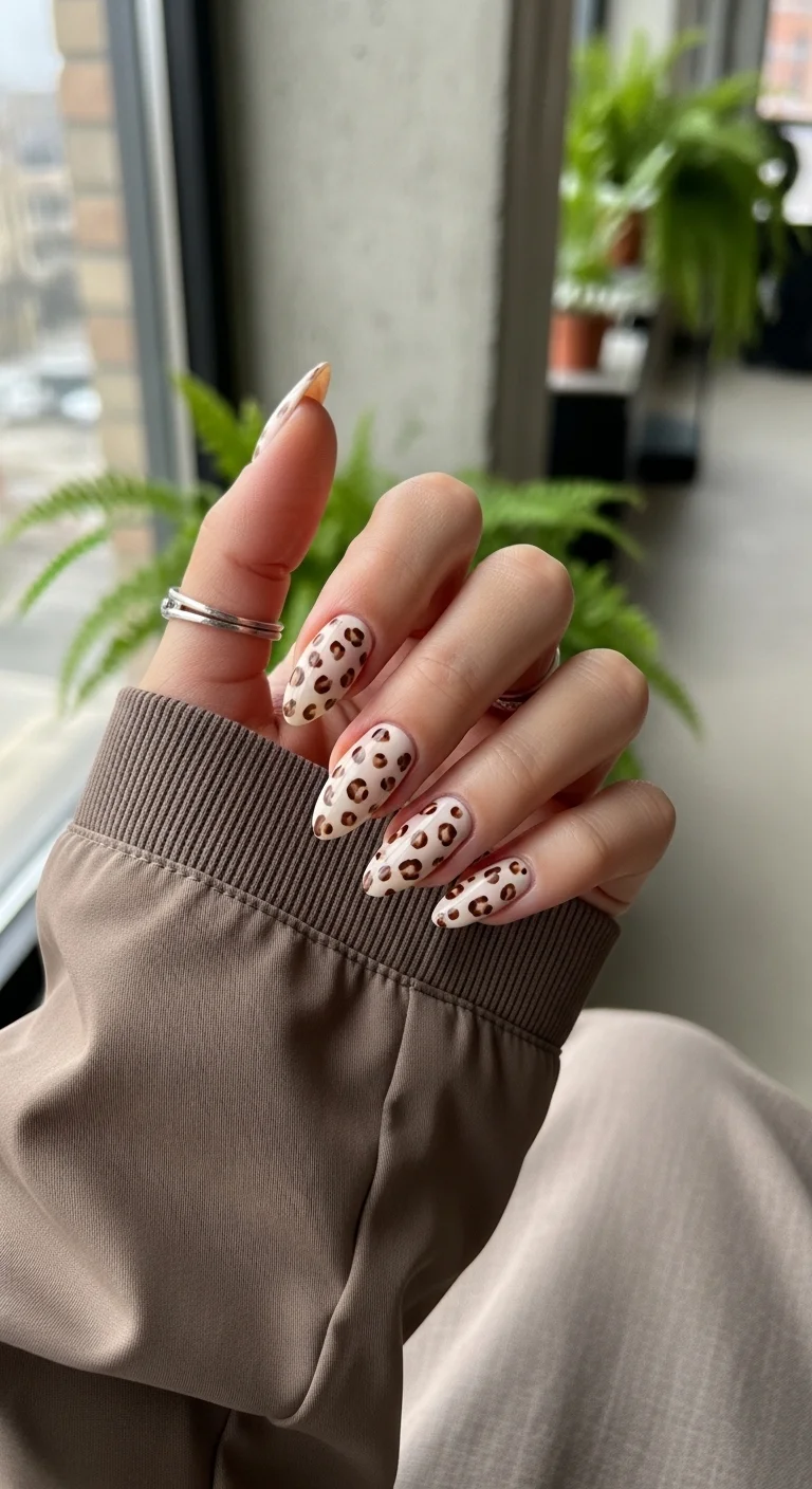 Almond nails with a nude base featuring brown leopard print spots with darker outlines.