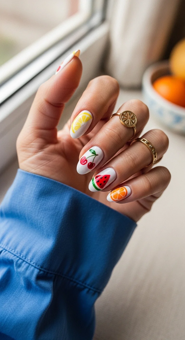 Almond nails with a white base featuring hand-painted lemon, cherry, watermelon, and orange slices.