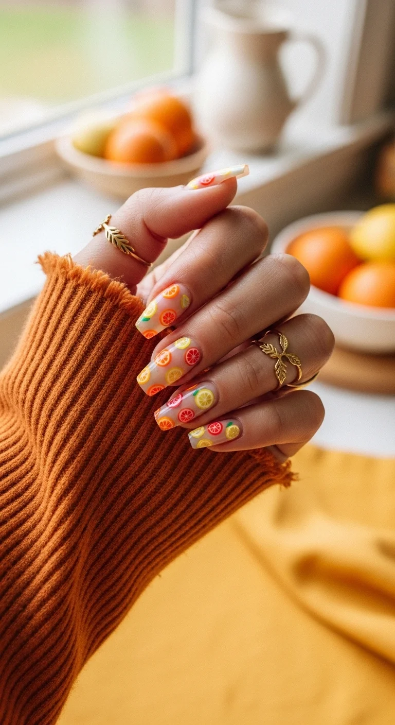 Long coffin nails with a sheer nude base covered in small citrus slice patterns in yellow, orange, and pink.