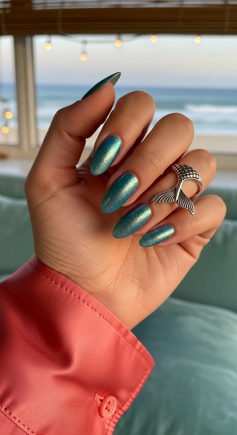 Almond nails in a metallic teal shimmer that shifts between blue and green in the light.