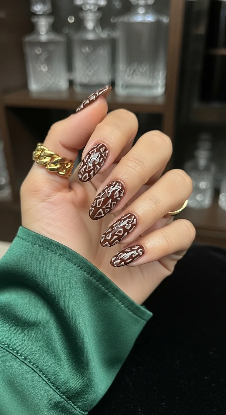 Chocolate brown nails with white geometric shard art.