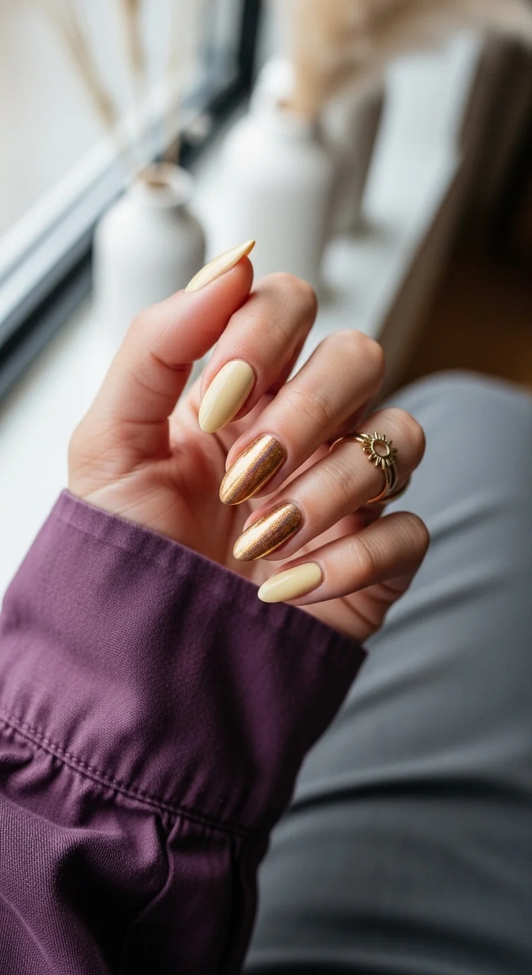 Pale yellow nails with shimmering gold chrome accents.