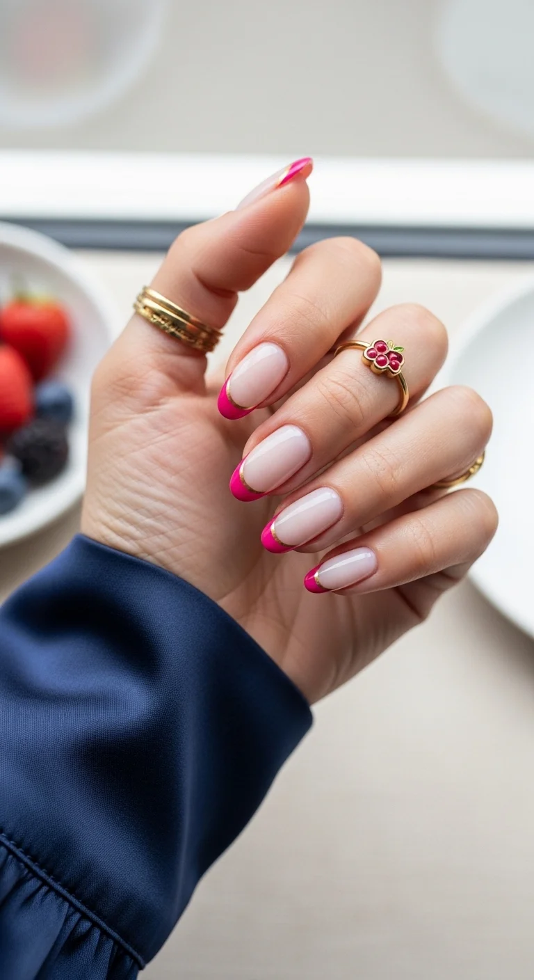 Hot pink French tips with a thin gold chrome outline.