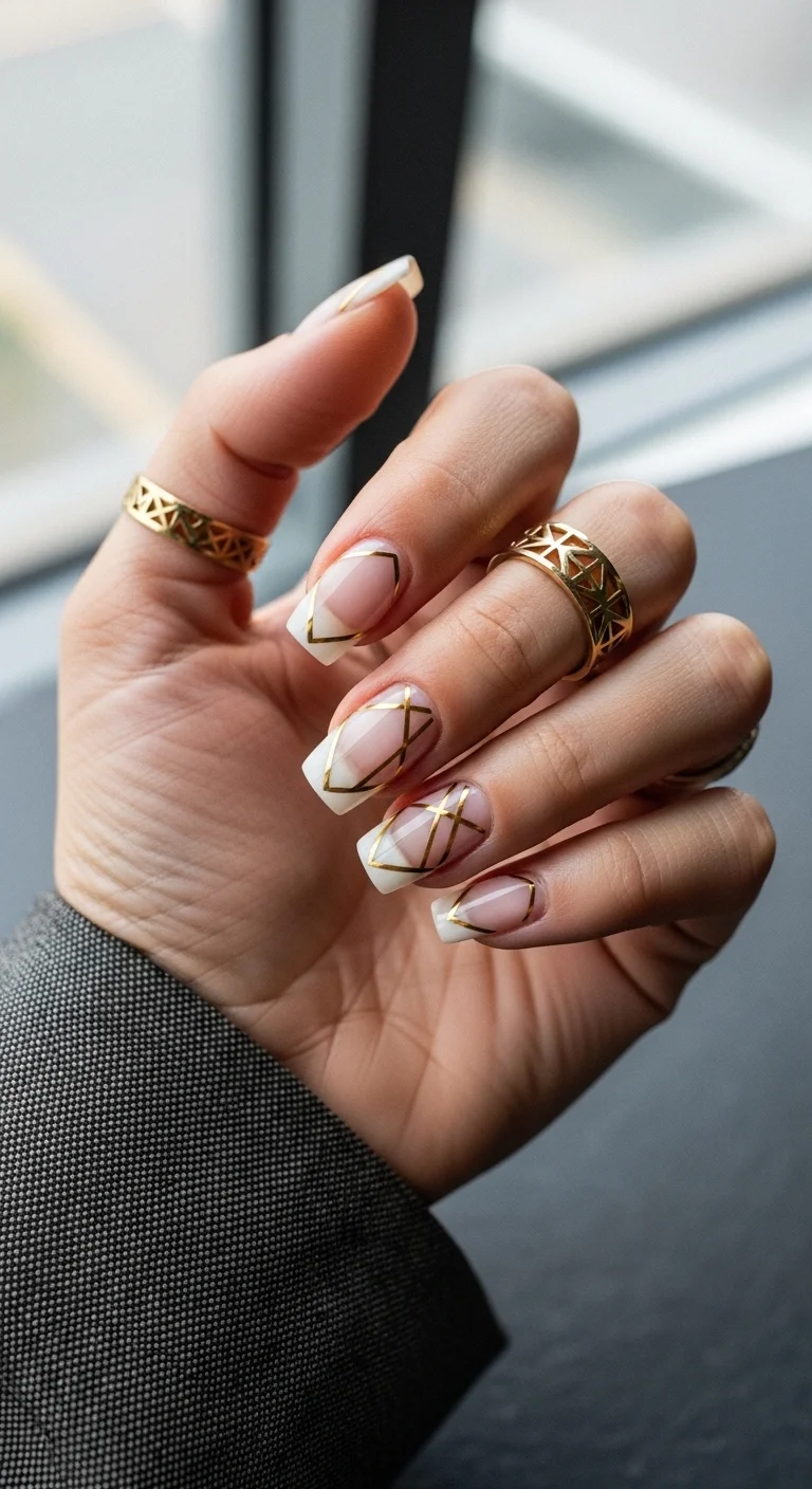 White French tips with gold geometric lattice overlays.