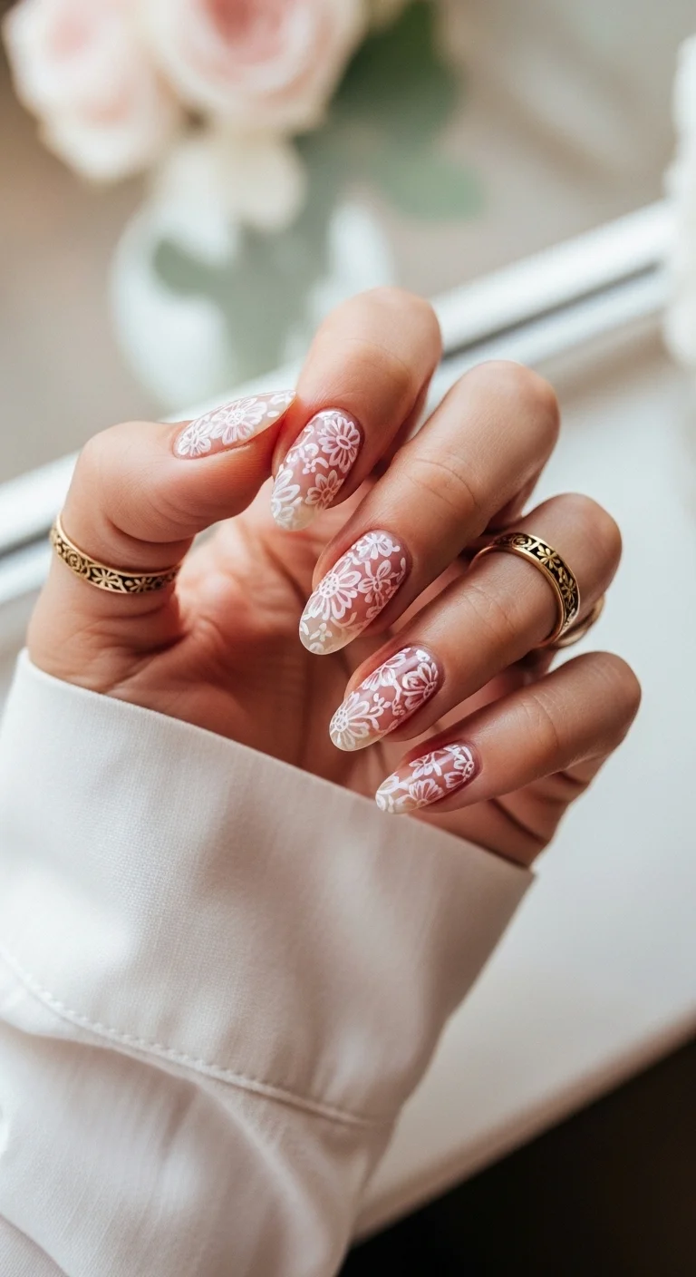 Sheer nails with intricate hand-painted white floral lace art.