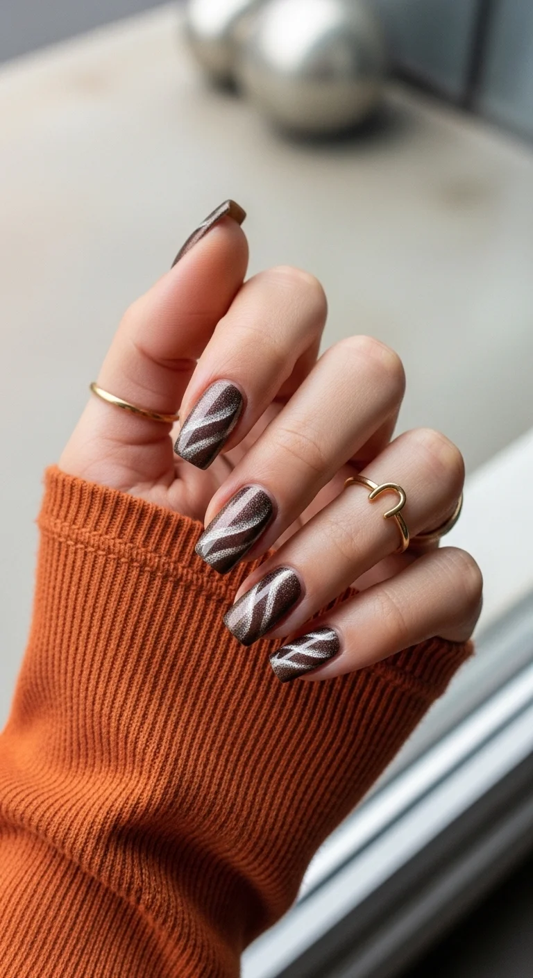 Brown nails with shimmery light brown zebra or tiger stripes.