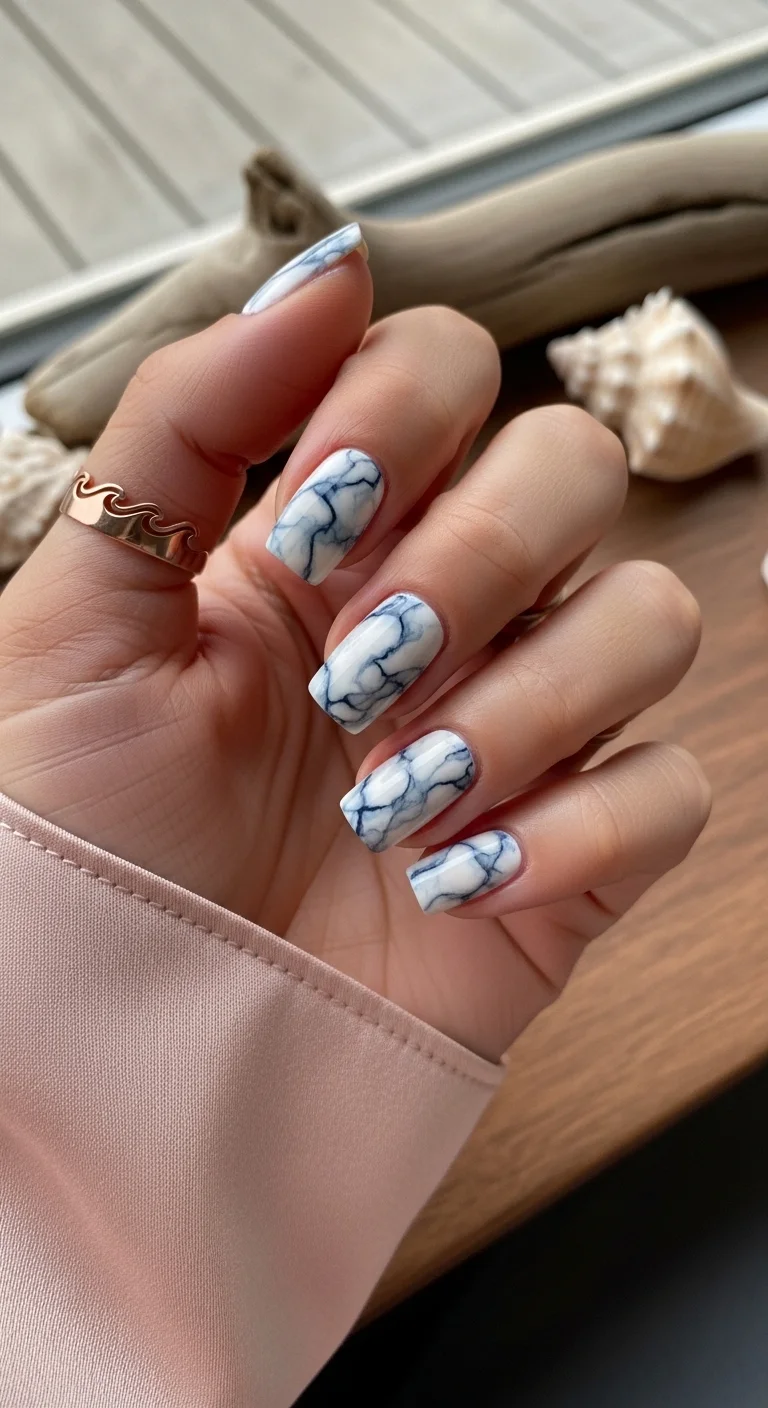 White nails with deep blue marble veining.