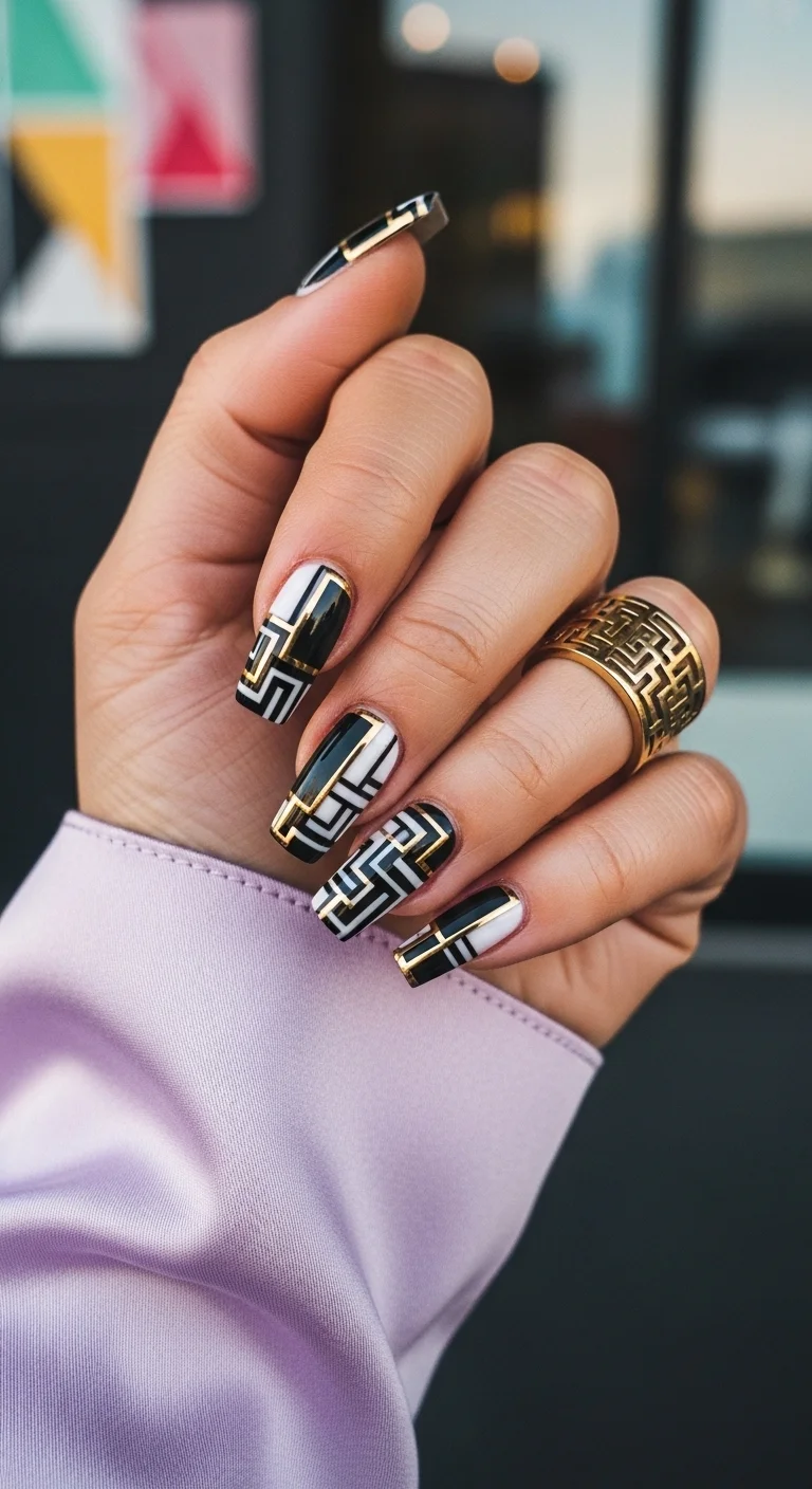 Black and white geometric Greek key pattern with gold accents.