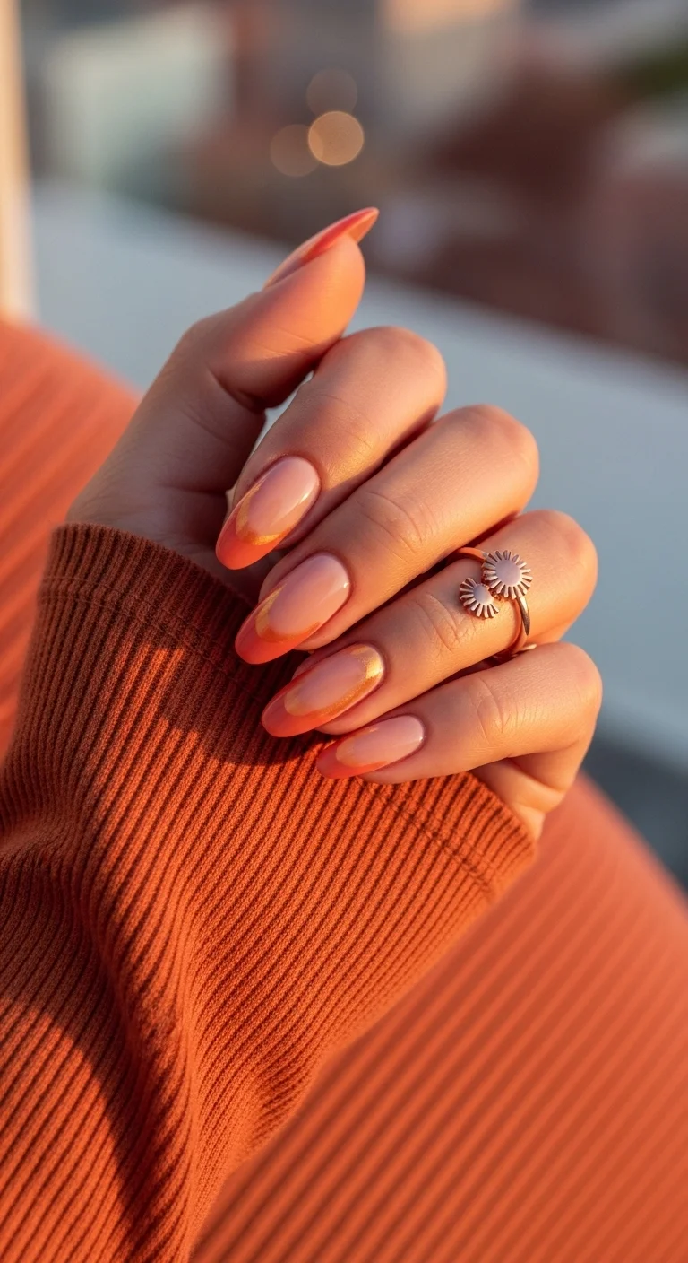 Burnt orange French tips with a shimmering gold chrome outline.