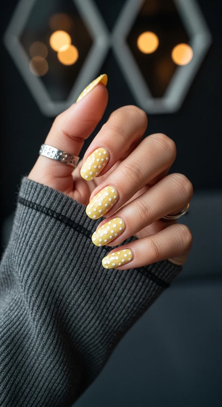 Yellow nails with tiny white polka dots.