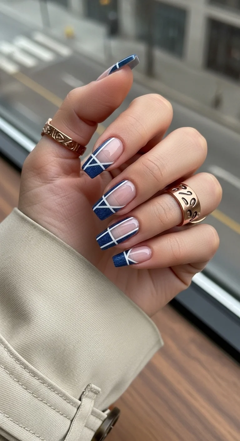Blue denim texture French tips with white cross lines.