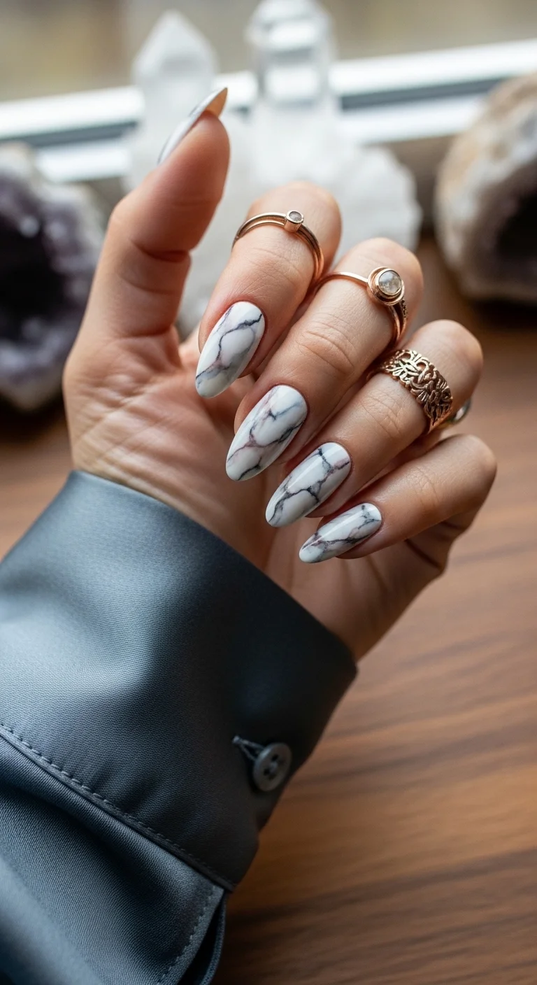 White nails with realistic grey marble veining.