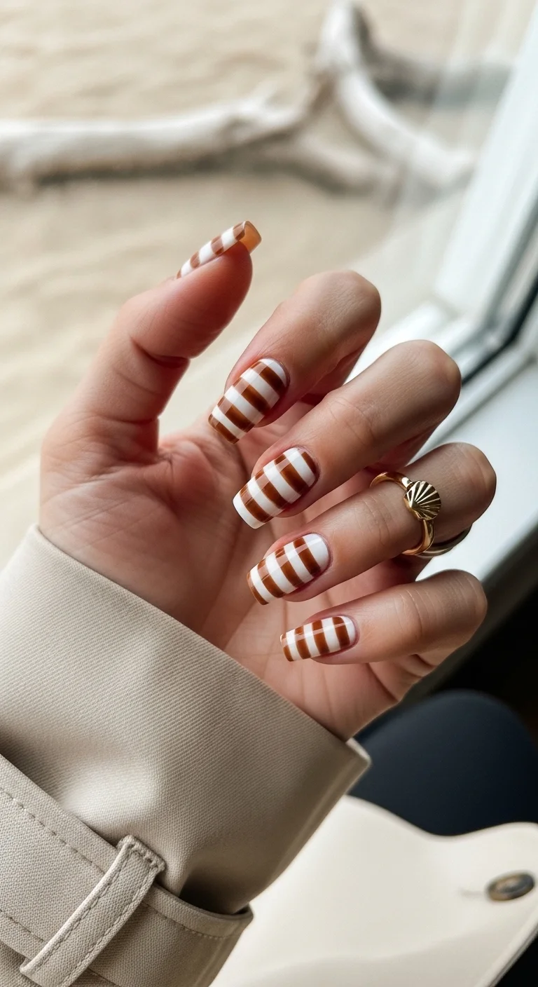 White nails with horizontal toffee brown stripes.