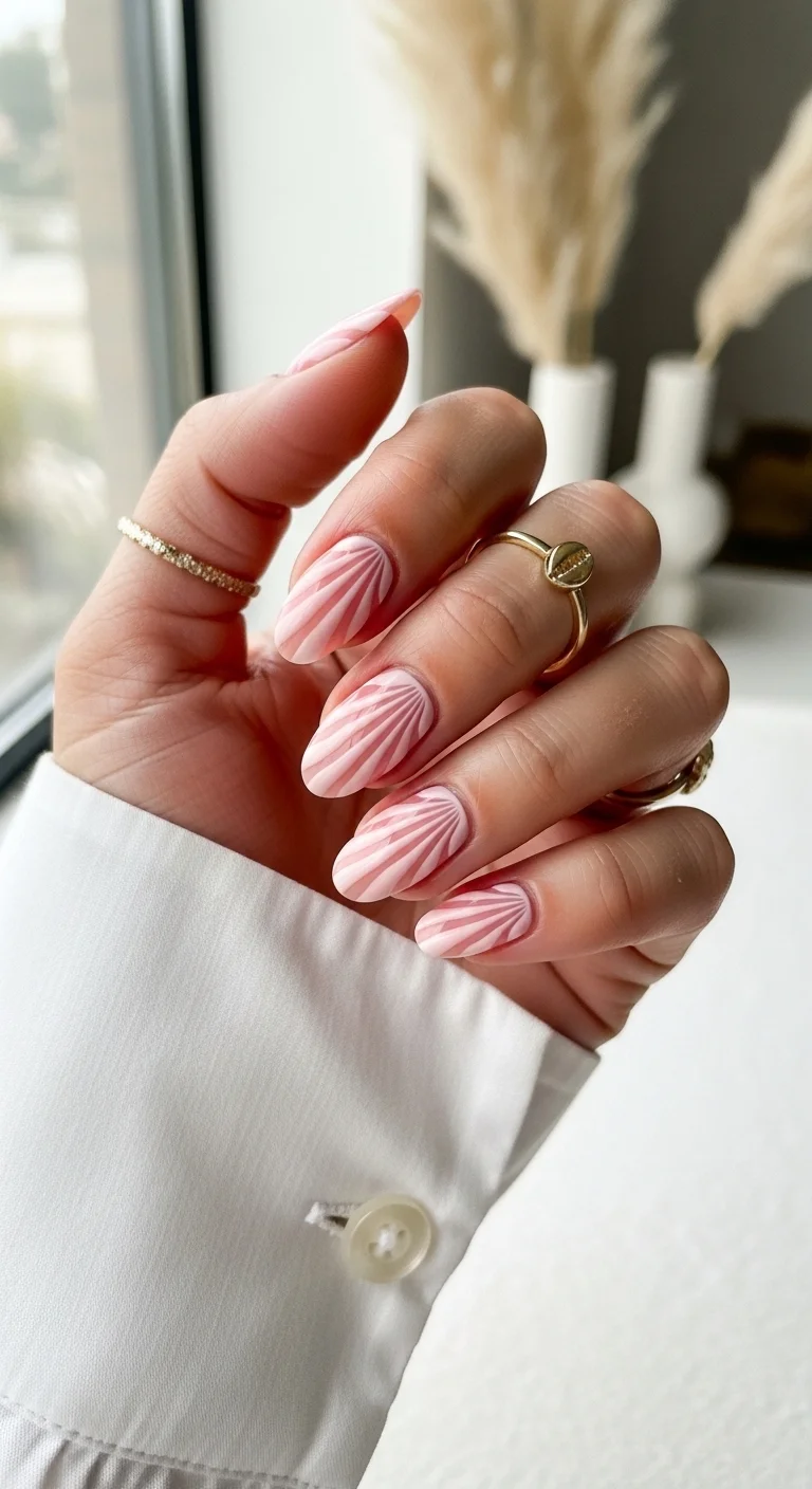 Pale pink nails with 3D textured seashell art.