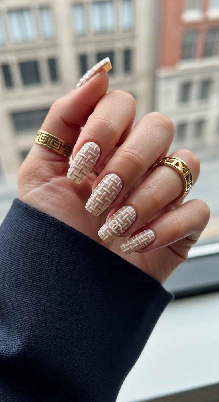 Nude nails with a 3D basketweave or wicker texture.