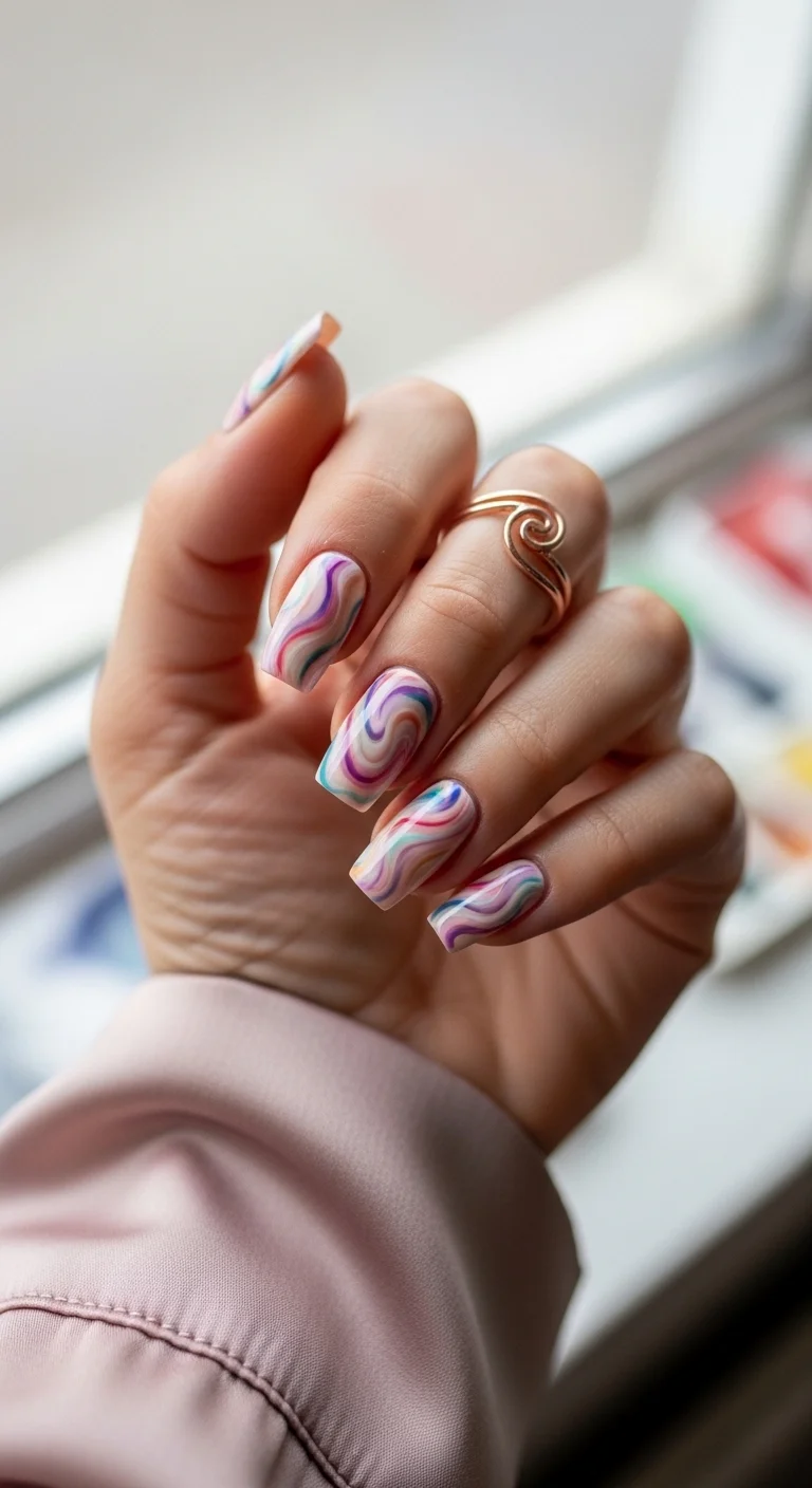 Nude nails with swirling pastel marble patterns in purple, blue, and pink.