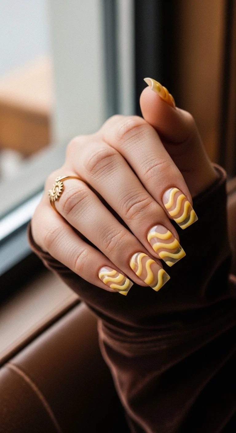 Clear nails with 3D raised yellow wavy lines.