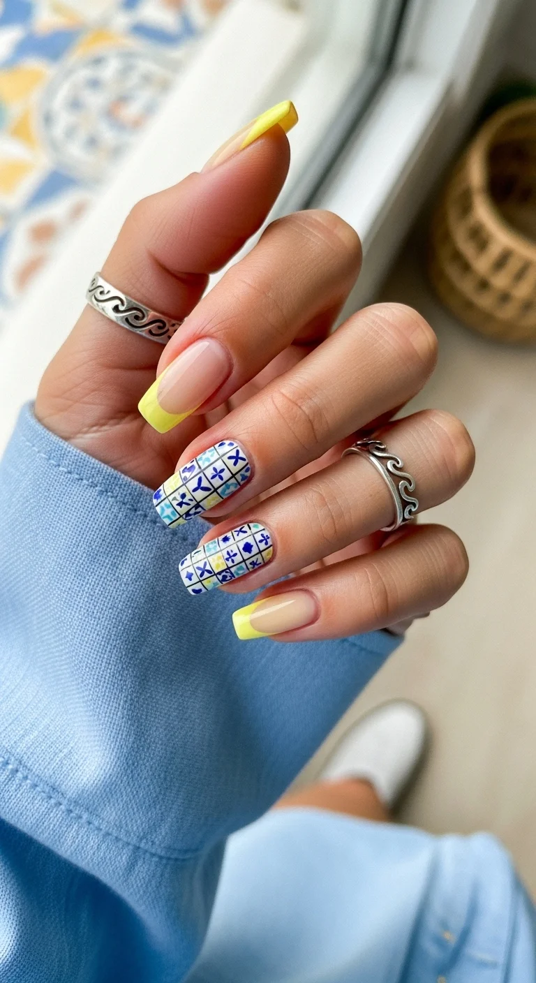 Yellow French tips with Mediterranean tile pattern accent nails.