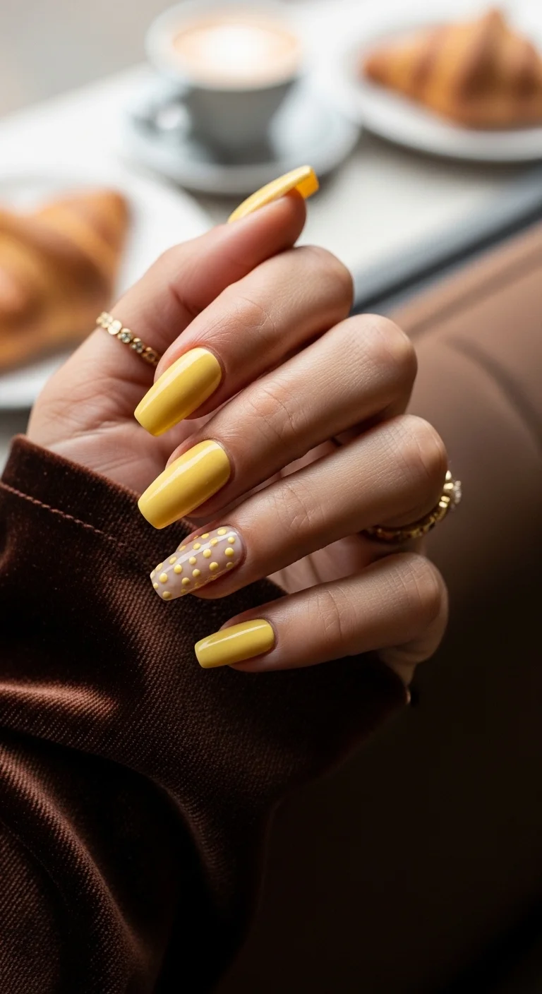 Solid yellow nails with one clear 3D polka dot accent nail.