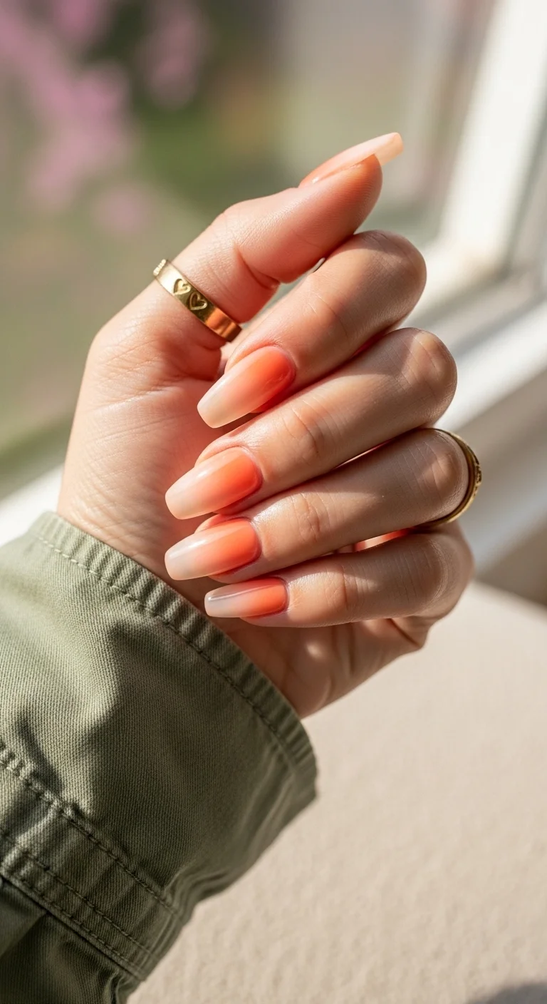 Soft peach to orange ombre on long coffin nails.