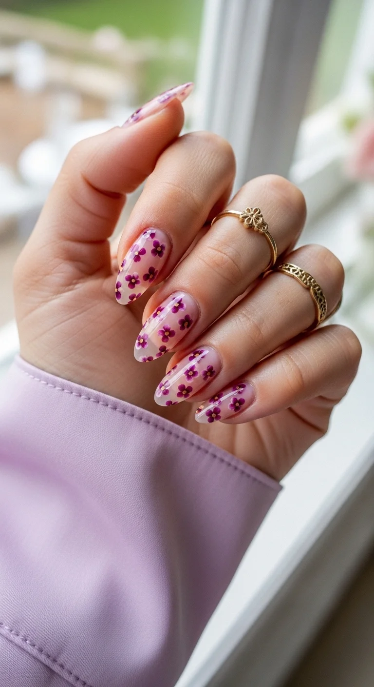 Sheer base with tiny hand-painted purple flowers.