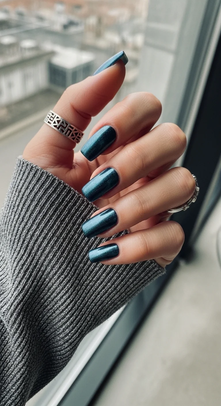 Shimmery deep teal nails with a metallic finish.
