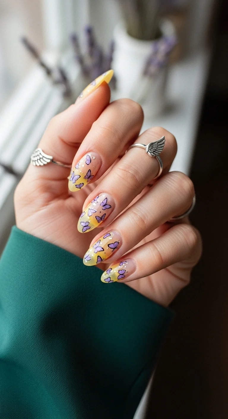 Yellow to clear ombre nails with purple butterfly accents.