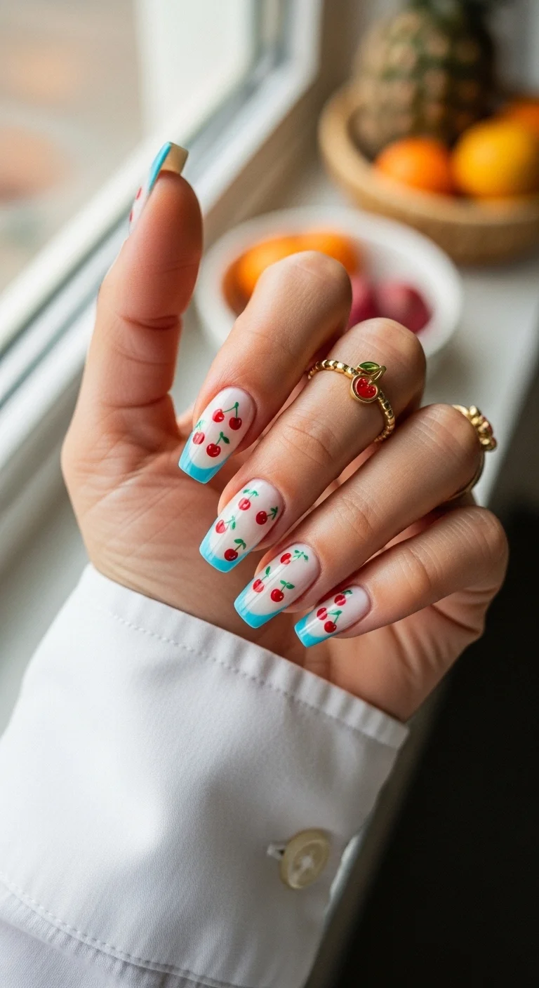 Light blue French tips with tiny red cherry art.