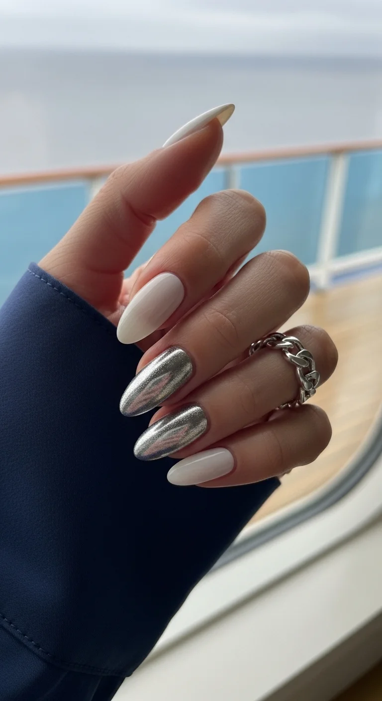 Milky white nails with solid silver chrome accent nails.