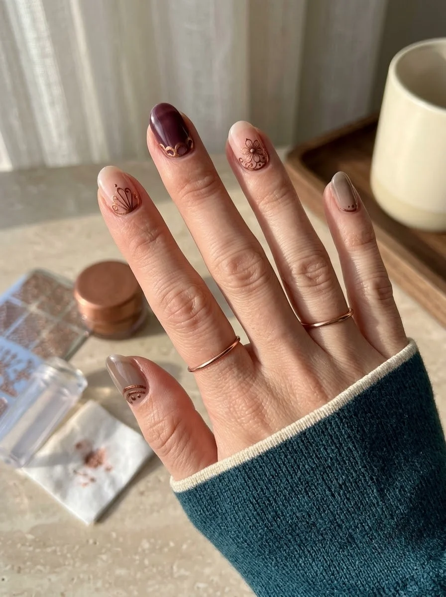 Taupe Sheer Nails with Delicate Lace Accents