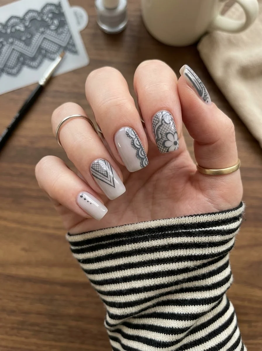Monochrome Lace Patchwork Nails