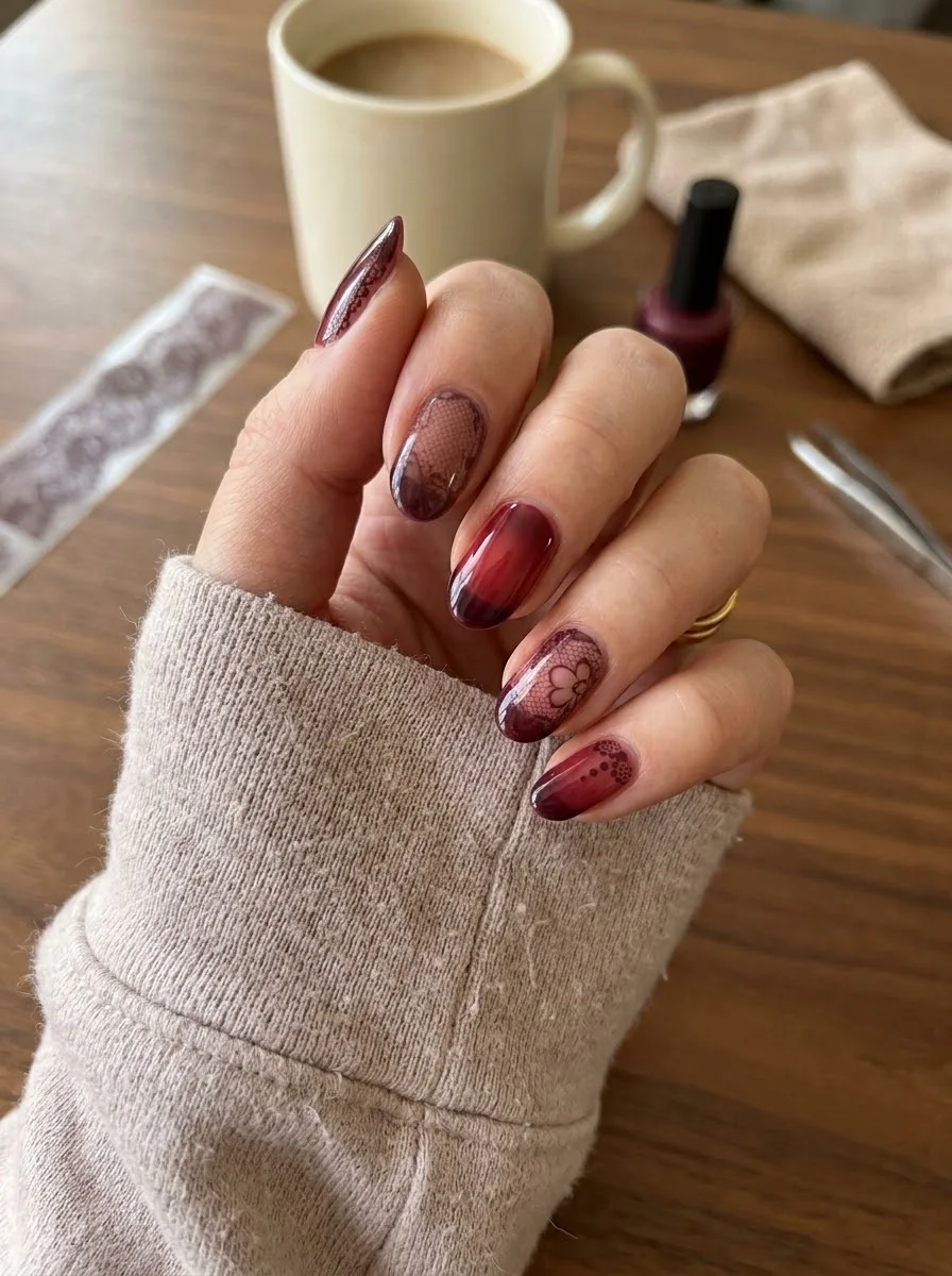 Smoky Red Ombre Lace Nails