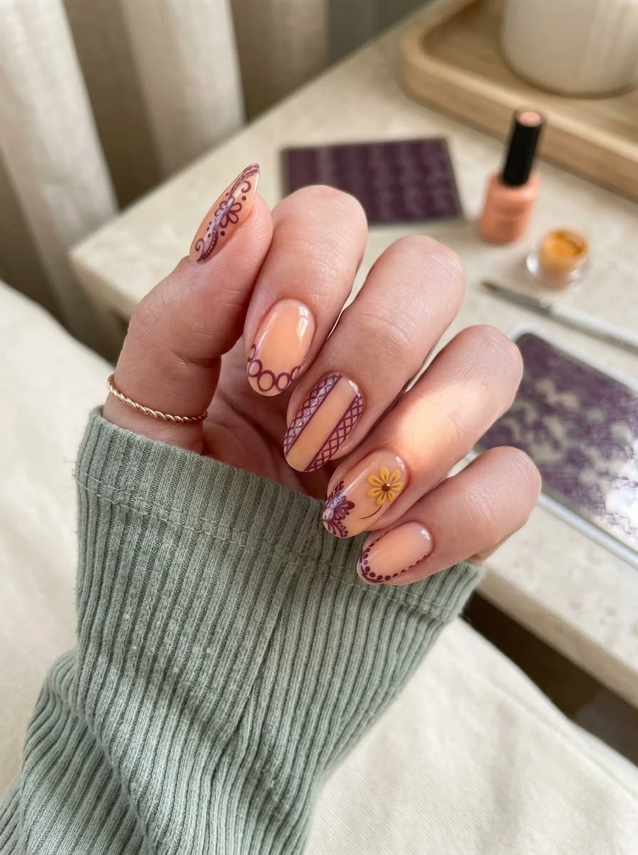 Peach Nails with Purple Lace & Floral Details