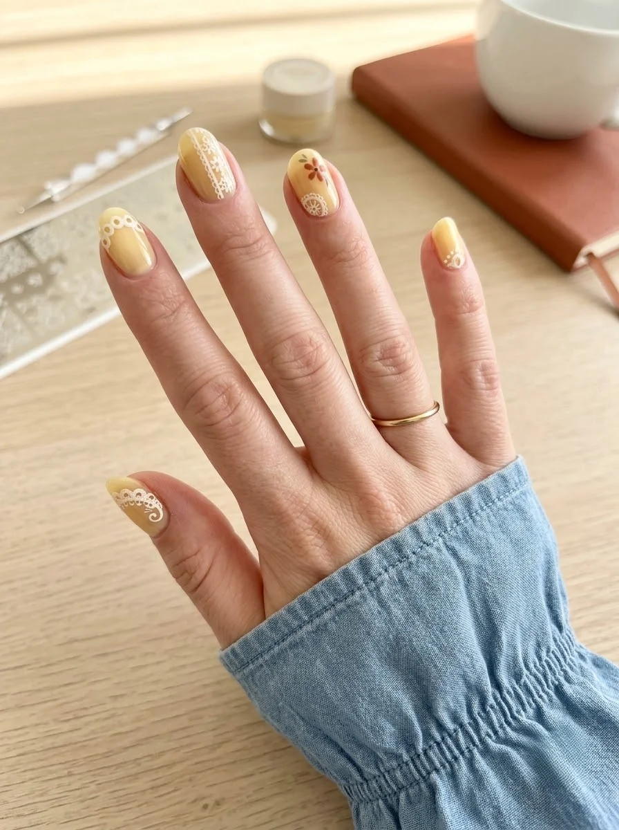Butter Yellow Lace Nails