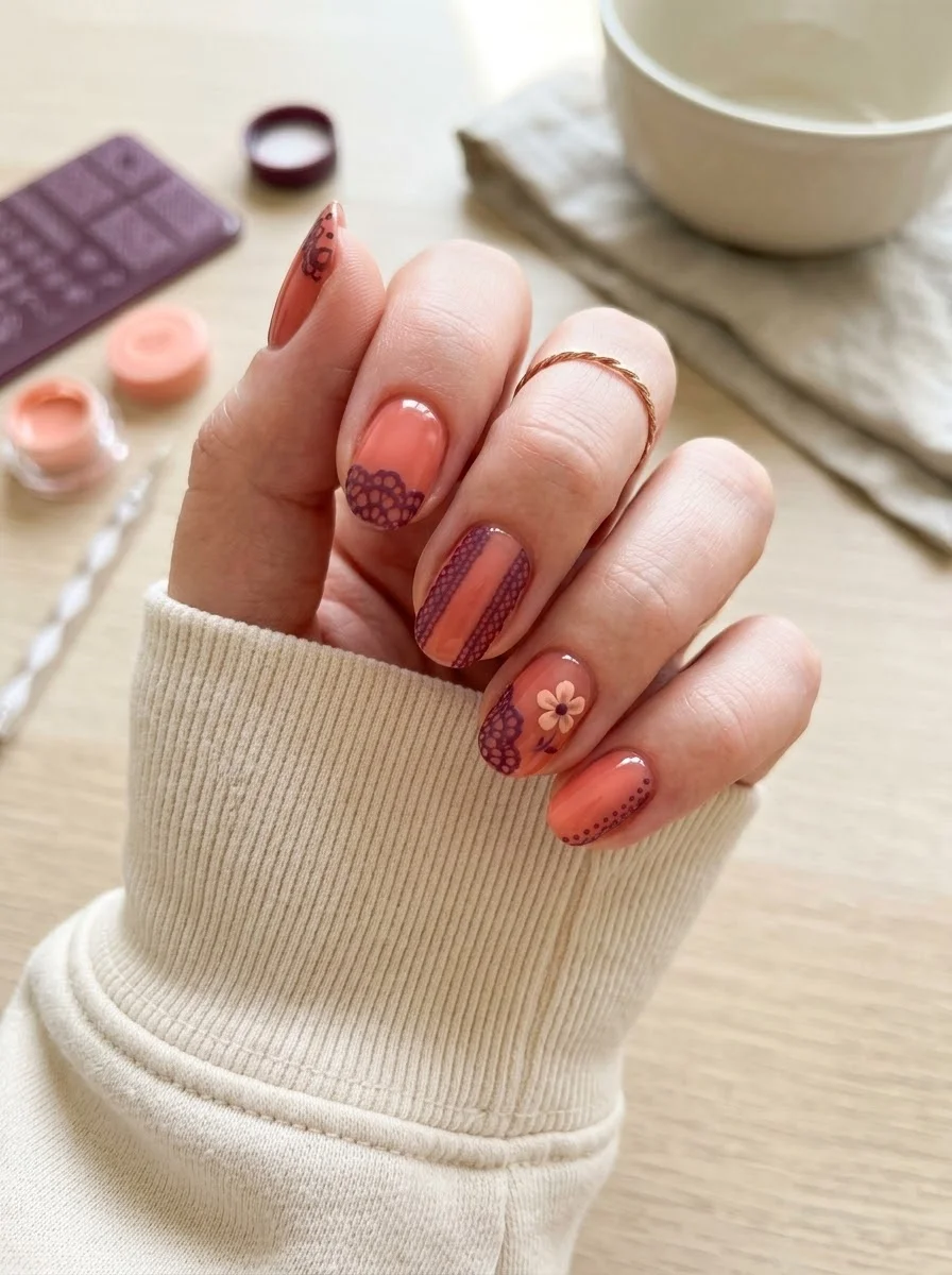 Coral Orange Nails with Plum Lace