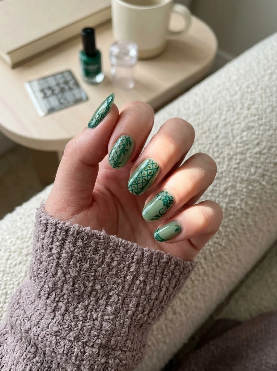 Sage Green Lattice Lace Nails
