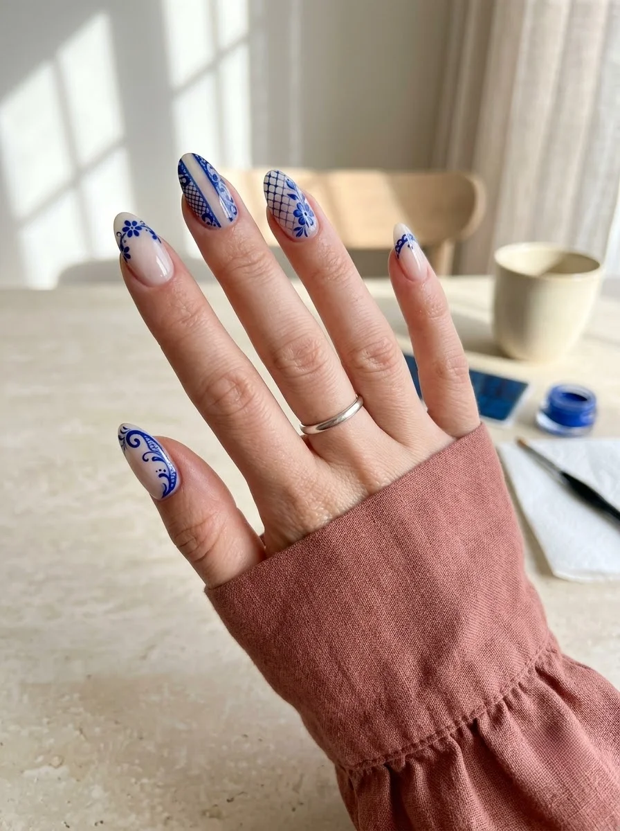 Cobalt Blue Lace on Nude Nails