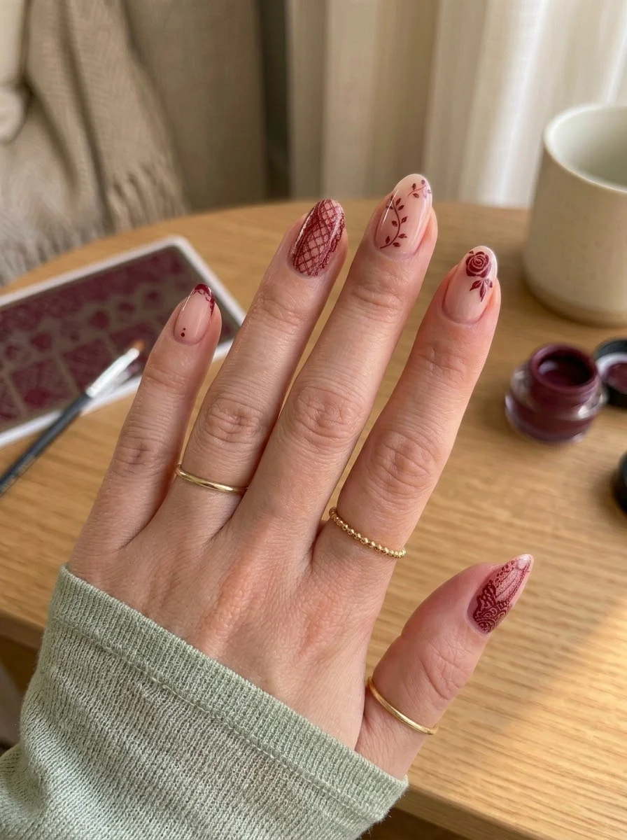Burgundy Lace & Vintage Rose Nails