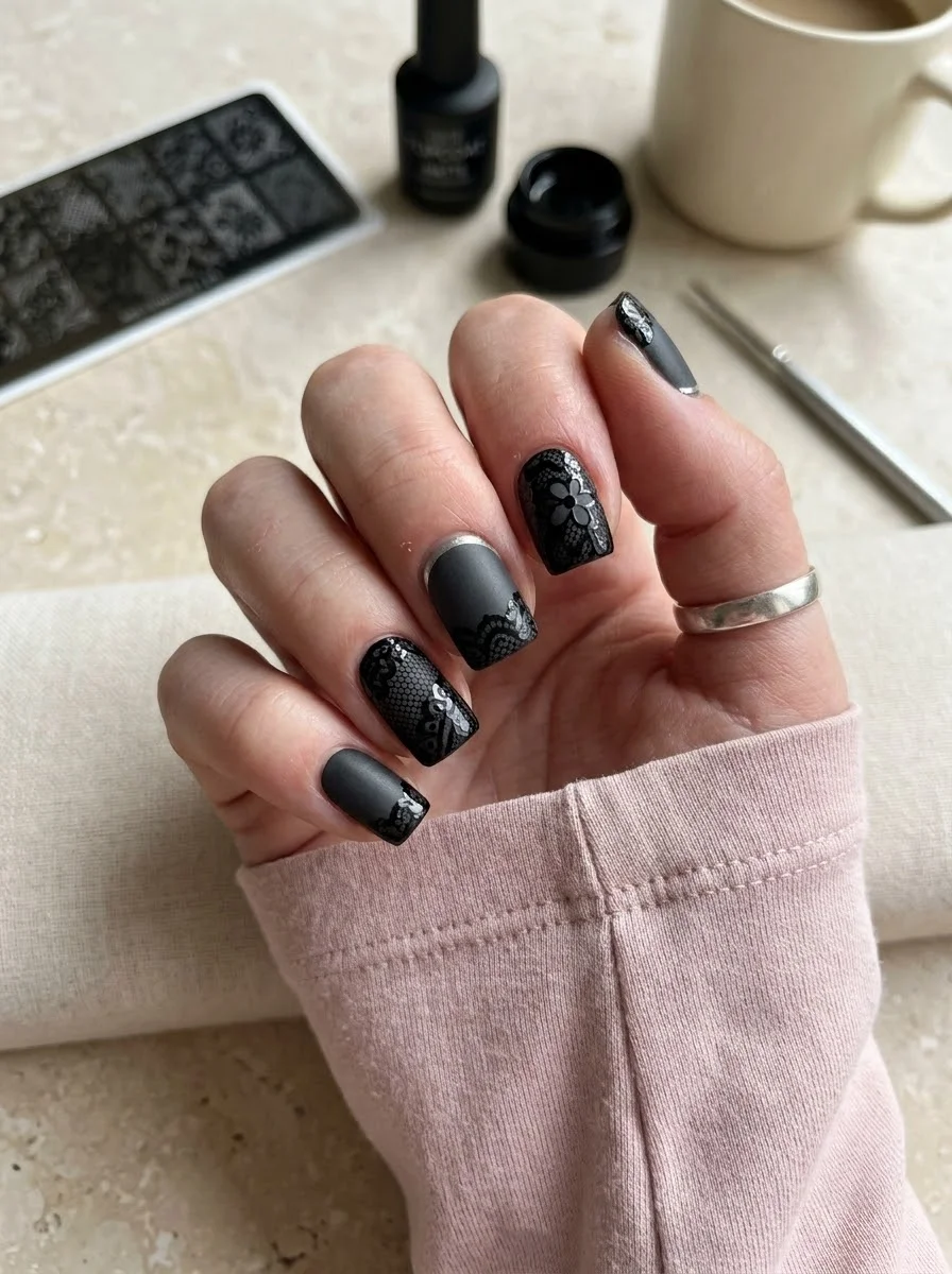 Matte Black Floral Lace Nails