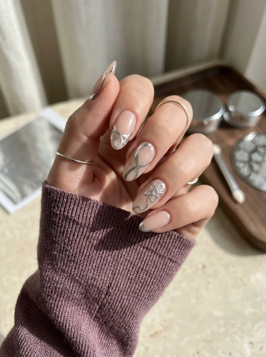 Sheer Nude Nails with Silver Ribbon Details
