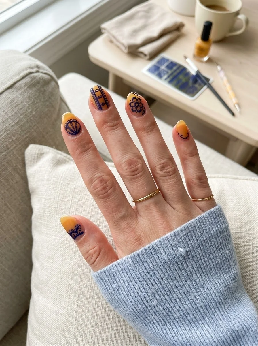 Golden Yellow Nails with Navy Lace Motifs