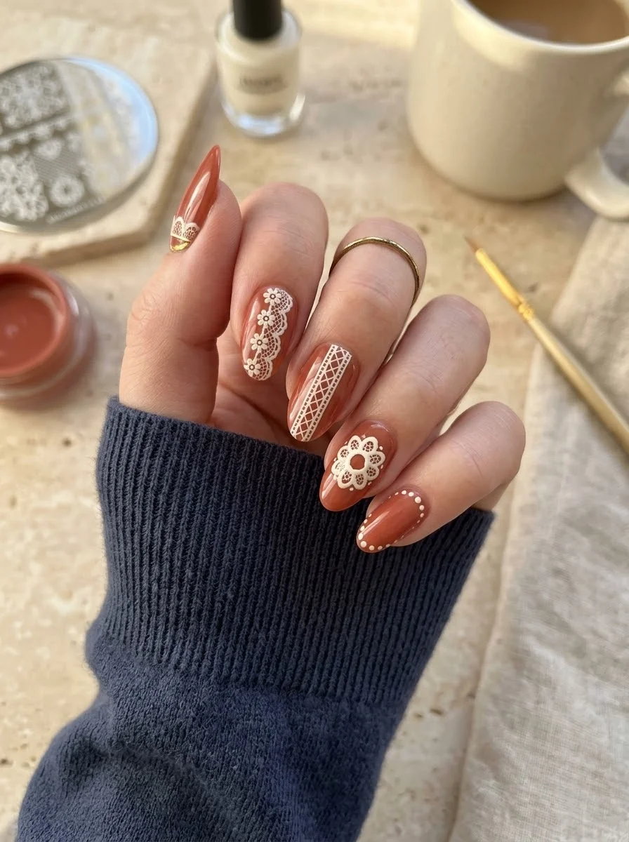 Terracotta Nails with White Lace Florals