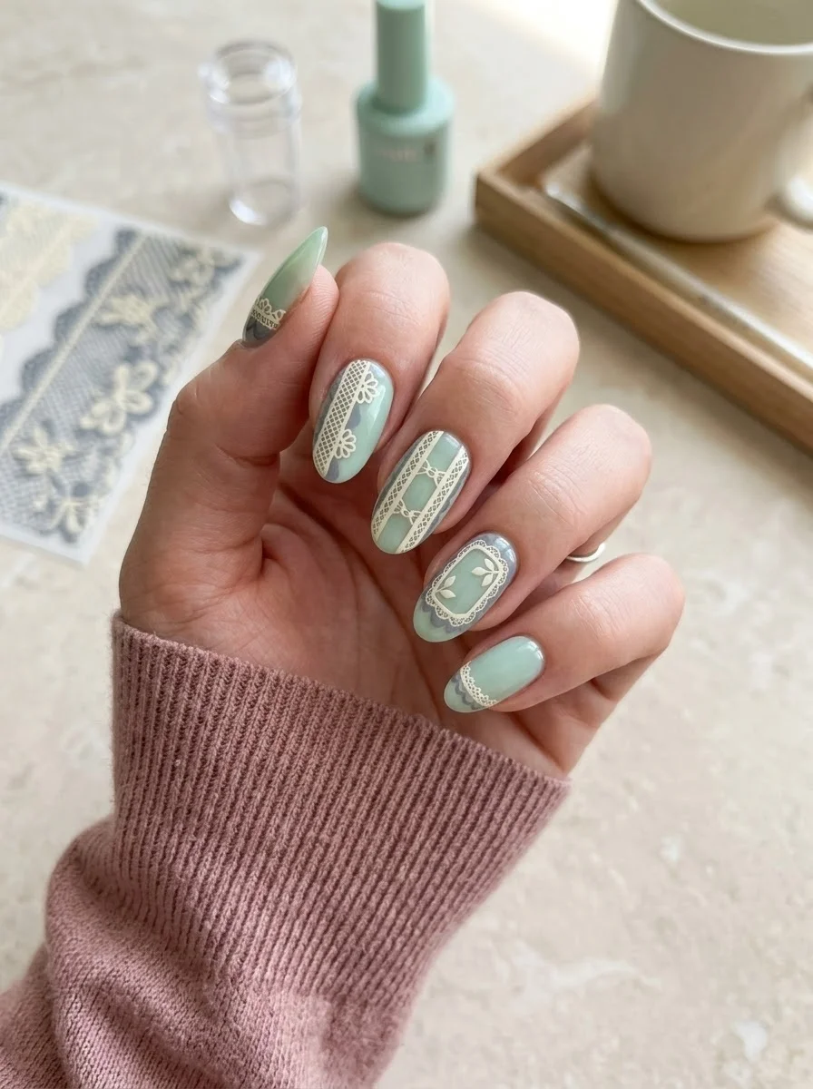 Mint Green Lace Panel Nails