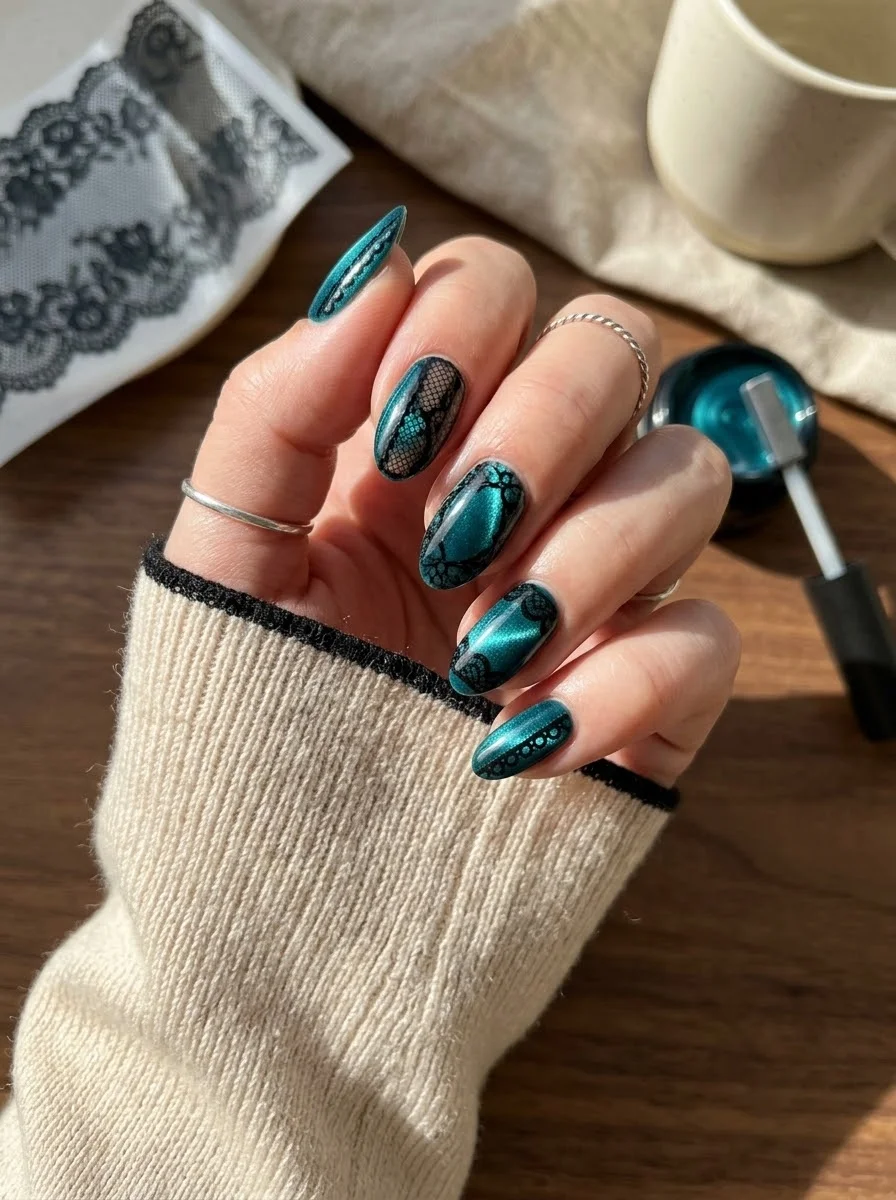Teal Cat-Eye Nails with Black Lace