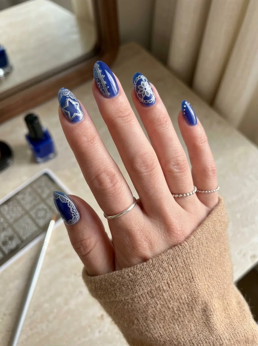 Cobalt Blue Lace & Star Nails