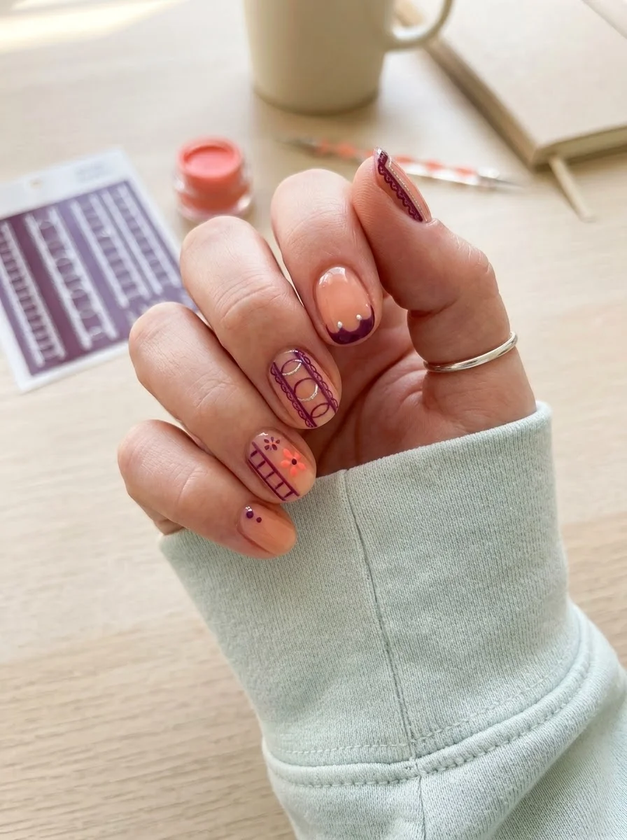 Peach & Plum Graphic Lace Nails